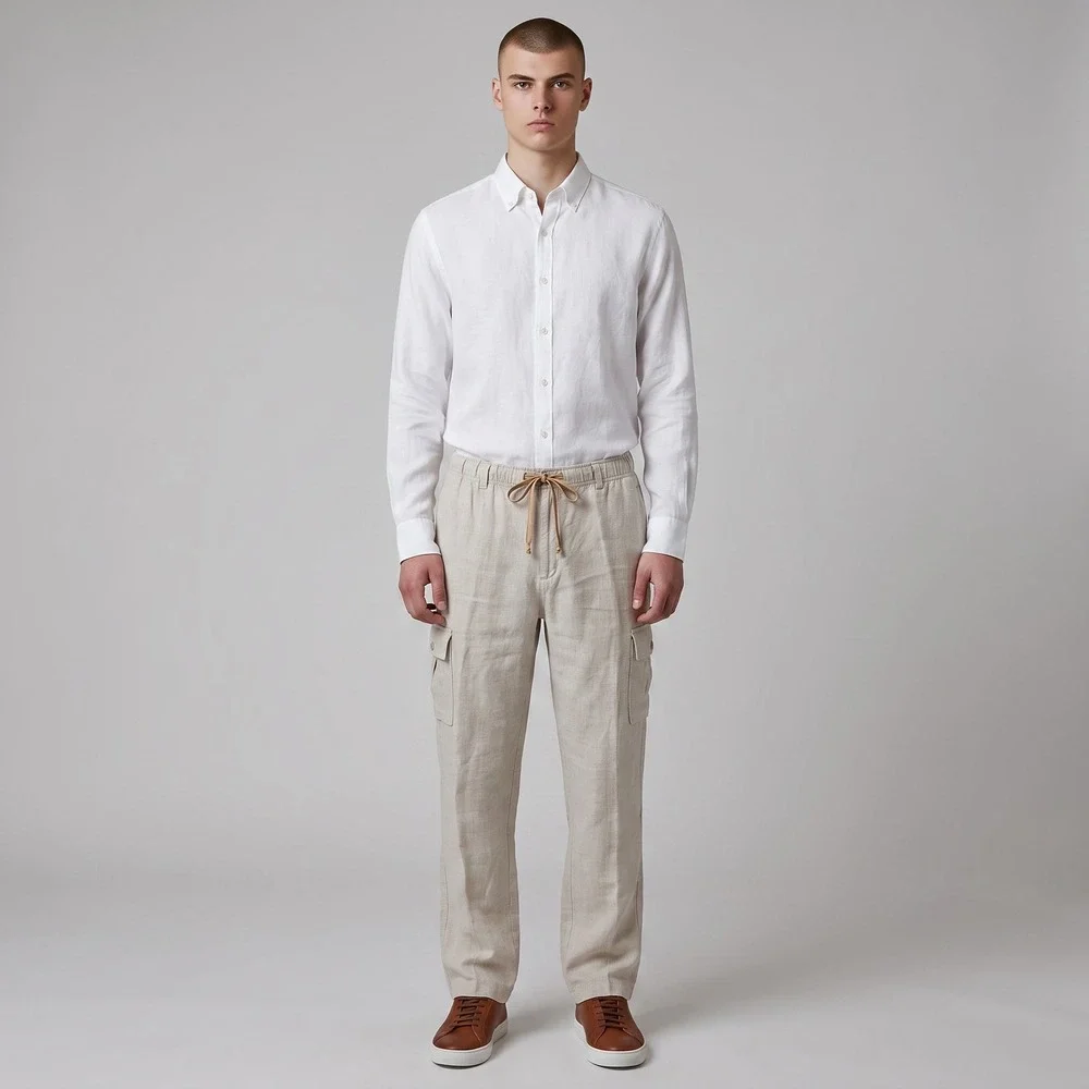 Tommy Bahama Cargo Pants Mens Medium Beige 100% Linen Drawstring Relaxed
